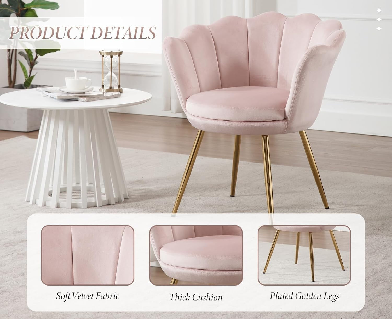 Light Pink Velvet Lounge Chair Gold Legs | Petal Back Armchair for Bedroom