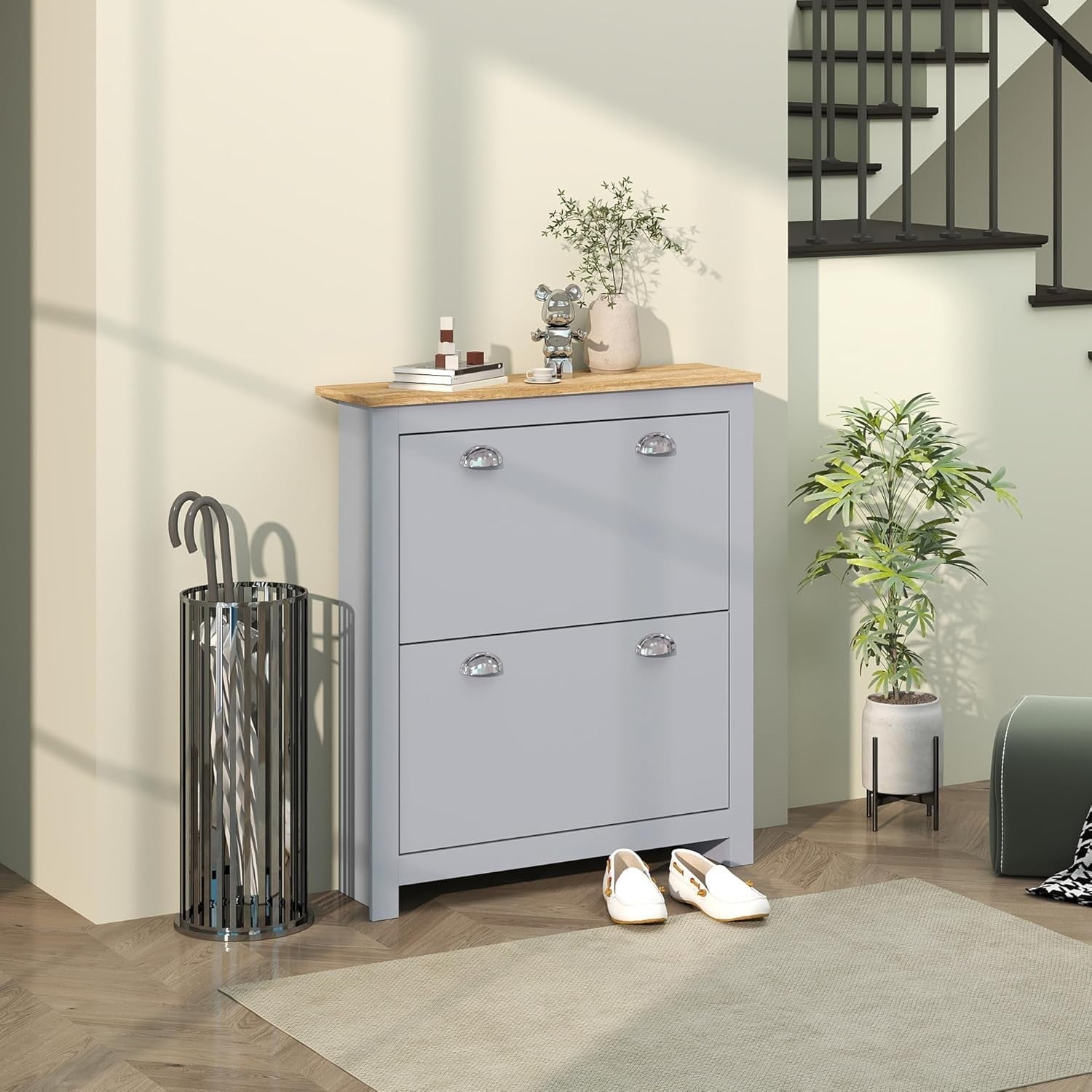 Modern Grey Shoe Storage Cabinet – 2 Flip Drawers, Adjustable Shelf, 12 Pair