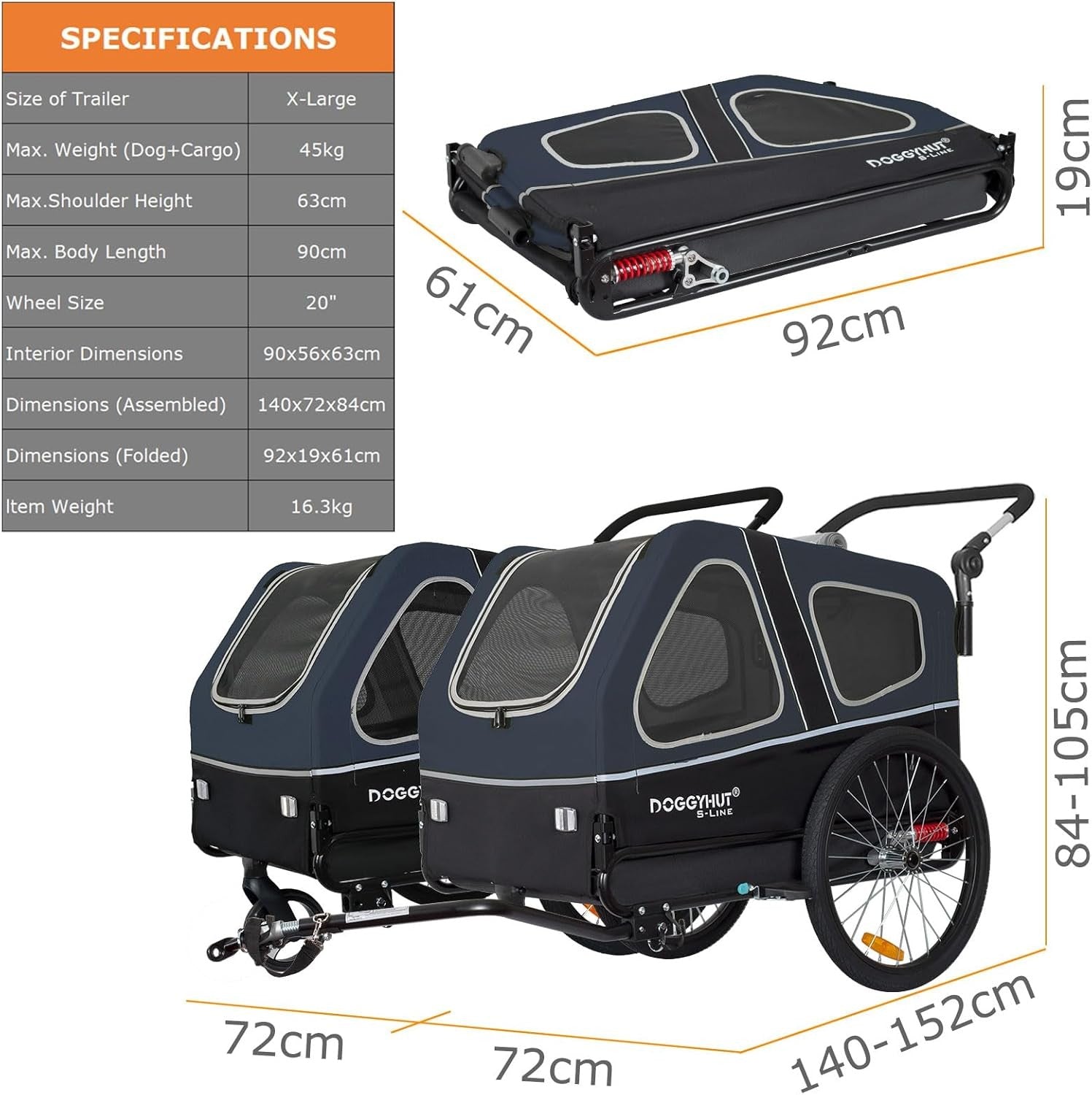 Dog Bike Trailer Stroller 45kg Folding Suspension Cart Blue Black with Brakes