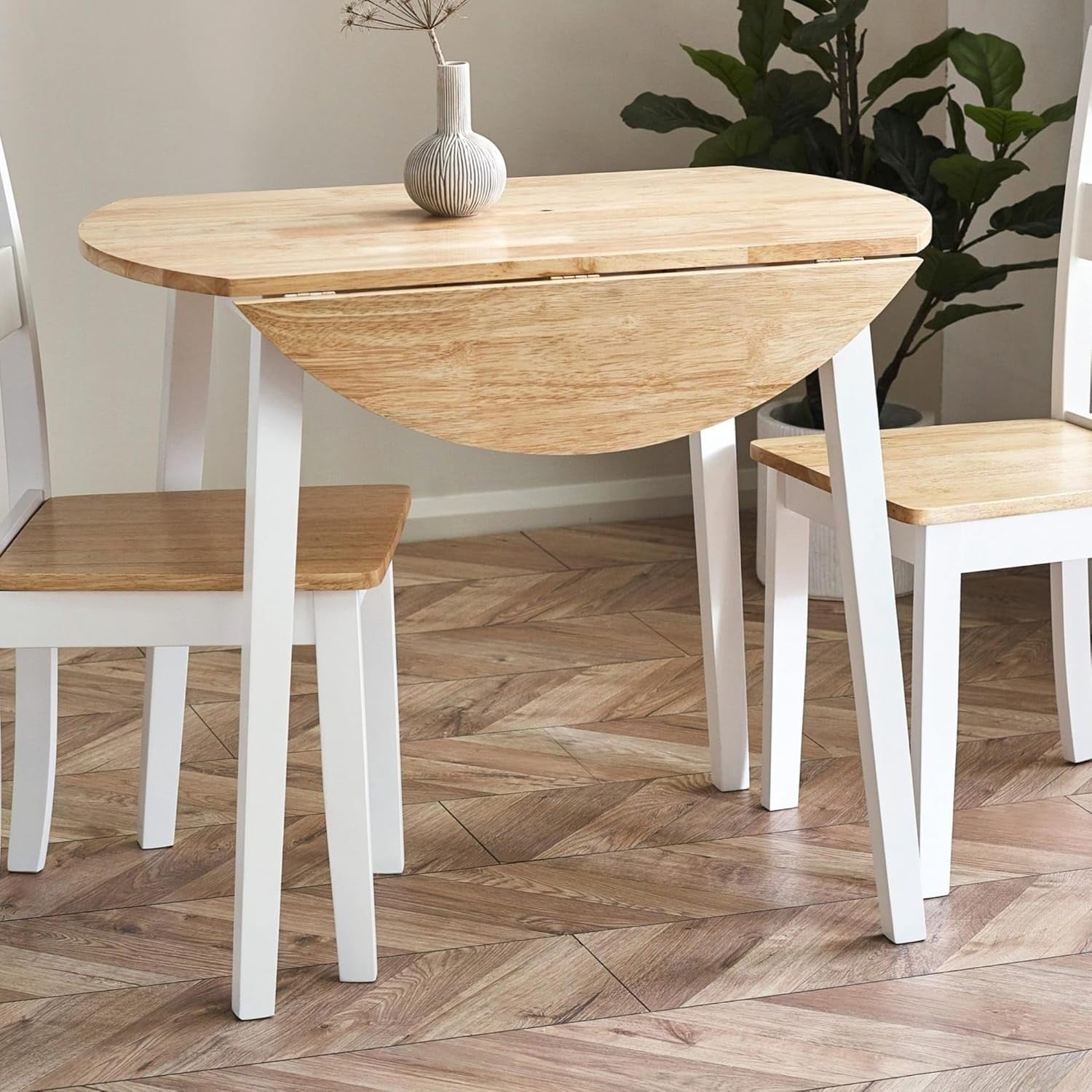 Round Drop Leaf Wooden Dining Table Space Saving Natural Finish
