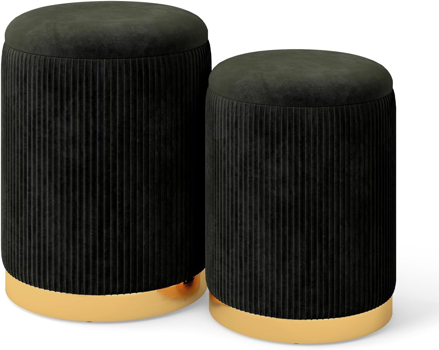 Black Velvet Nesting Footstools Set of 2 Storage Ottomans Round Gold Base