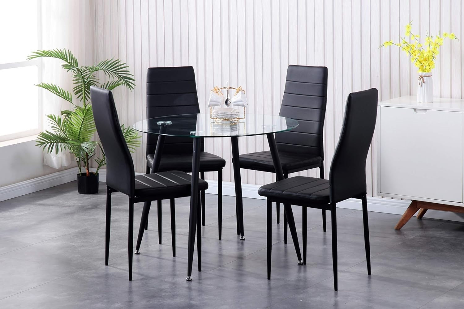 Round Black Glass Dining Table 90x90x75cm Chrome Legs Modern Kitchen