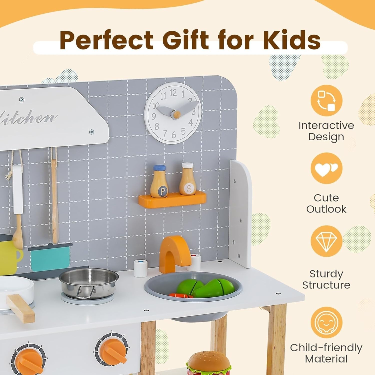 Wooden Kids Play Kitchen Pretend Cooking Set Sound Clock Accessories