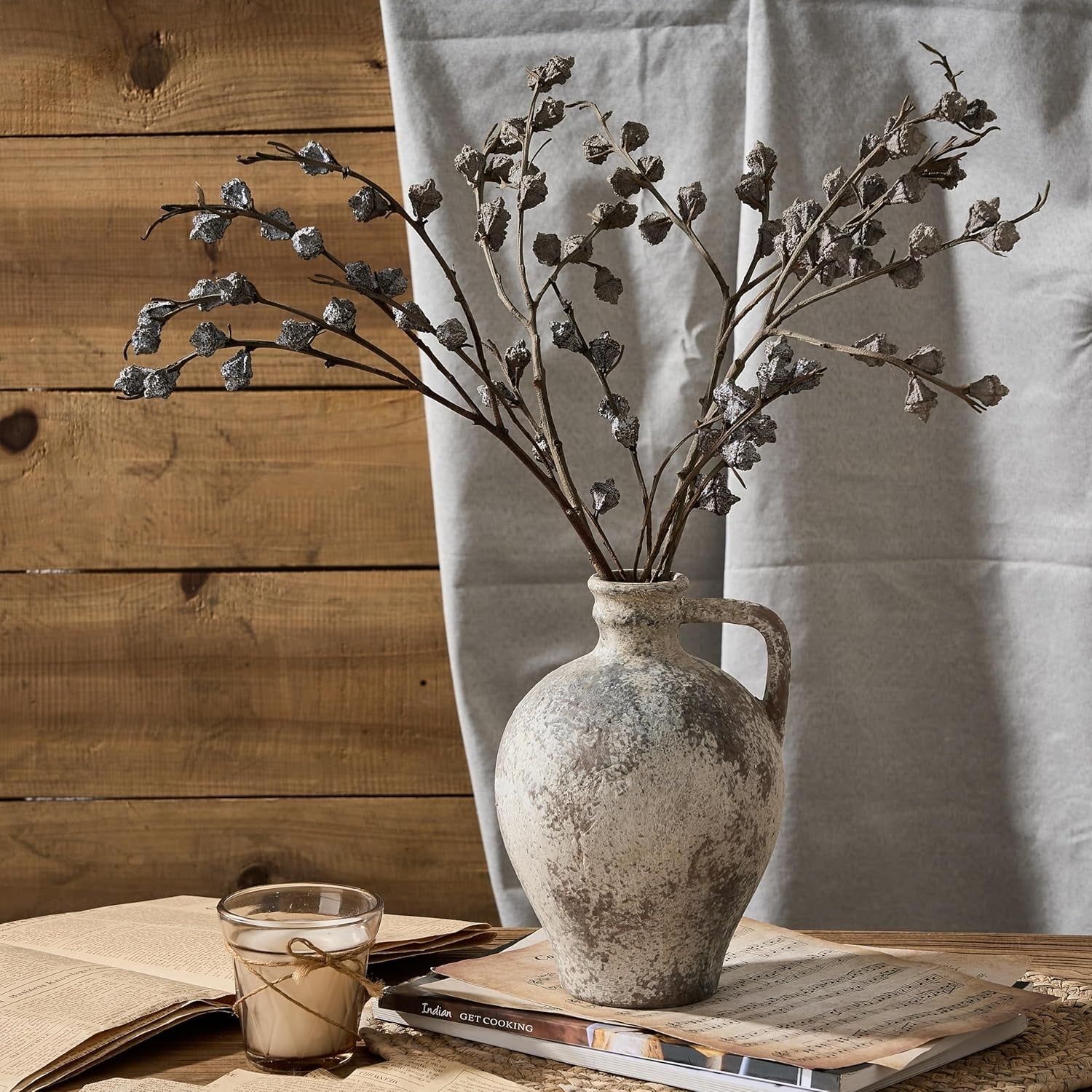 Rustic Ceramic Vase with Handle 8.25in Farmhouse Terracotta Decor