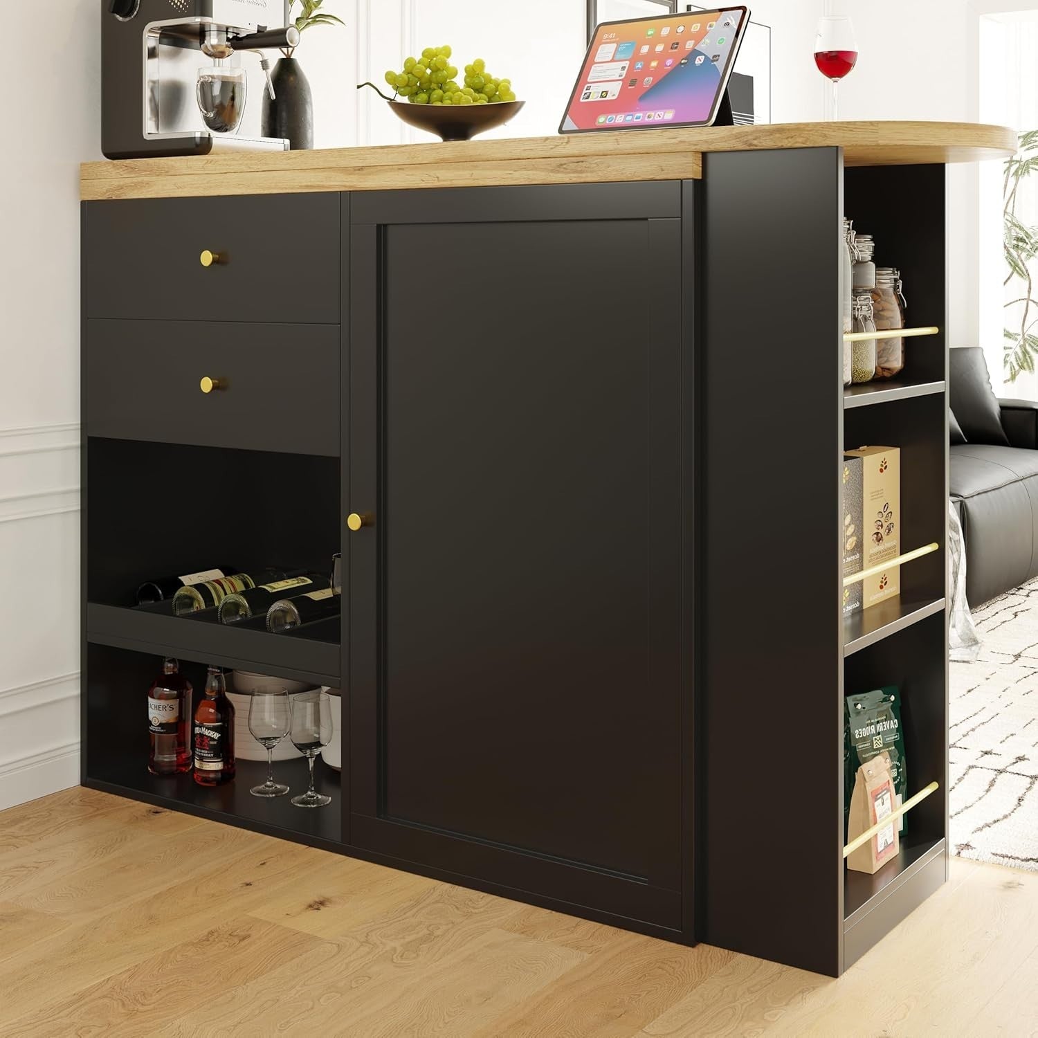 360° Swivel Bar Table with Drawers & Sliding Door Cabinet 3 Tier Storage Black