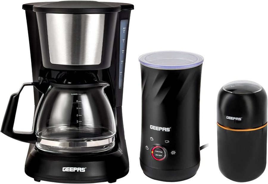 750ml Filter Coffee Machine Set | 4-in-1 Milk Frother & 80g Grinder | Fast Brew
