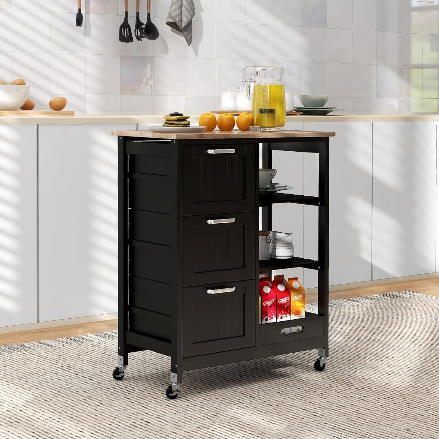 Kitchen Storage Trolley on Wheels with Worktop, 3 Drawers & Shelves – Mobile Uti
