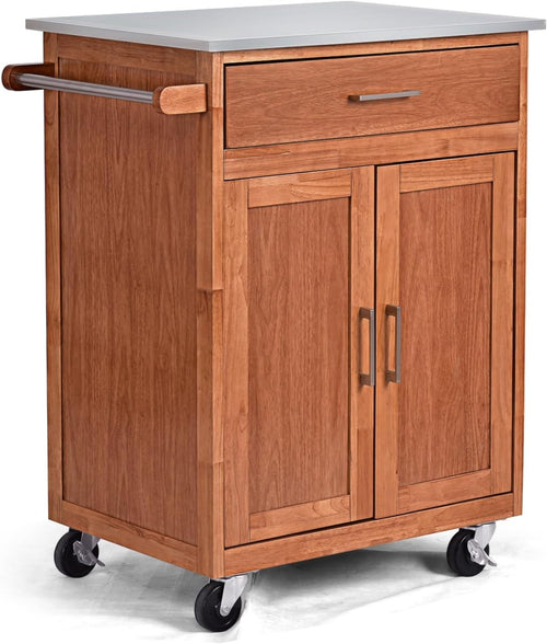 Kitchen Island Cart with Stainless Steel Top, Adjustable Shelf & Locking Wheels