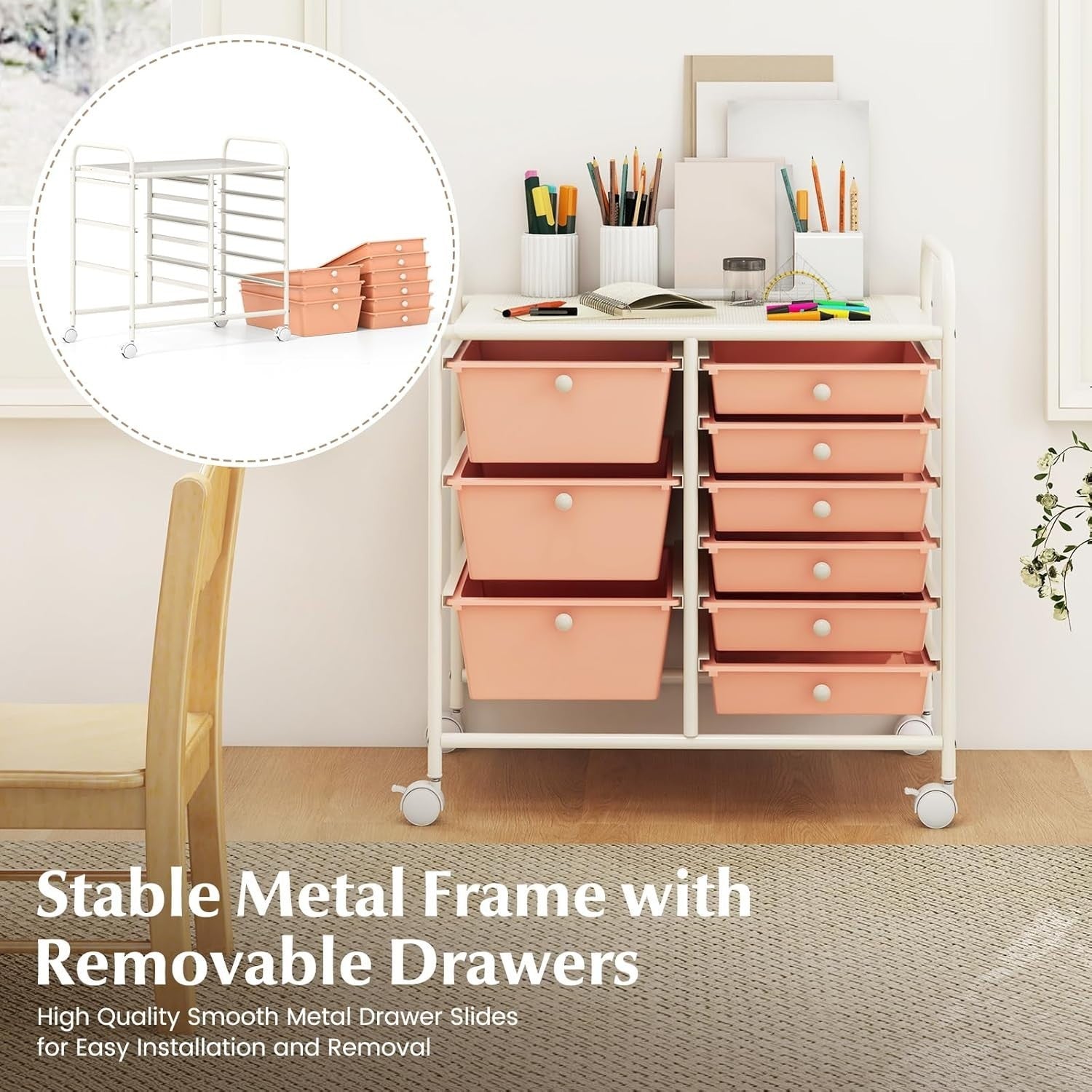 Pink 9 Drawer Mobile Storage Cart Rolling Beauty Organizer Trolley