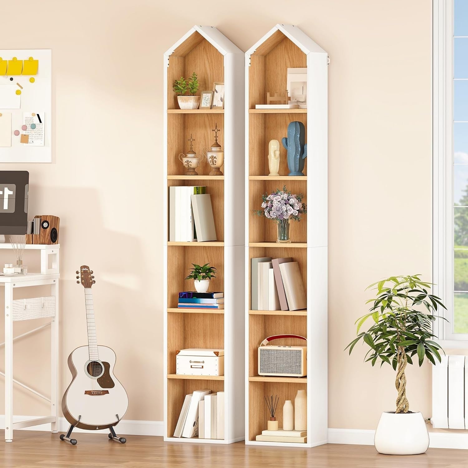 Tall Slim 6-Tier White Oak Bookcase – Space Saving Shelf Unit 181cm High