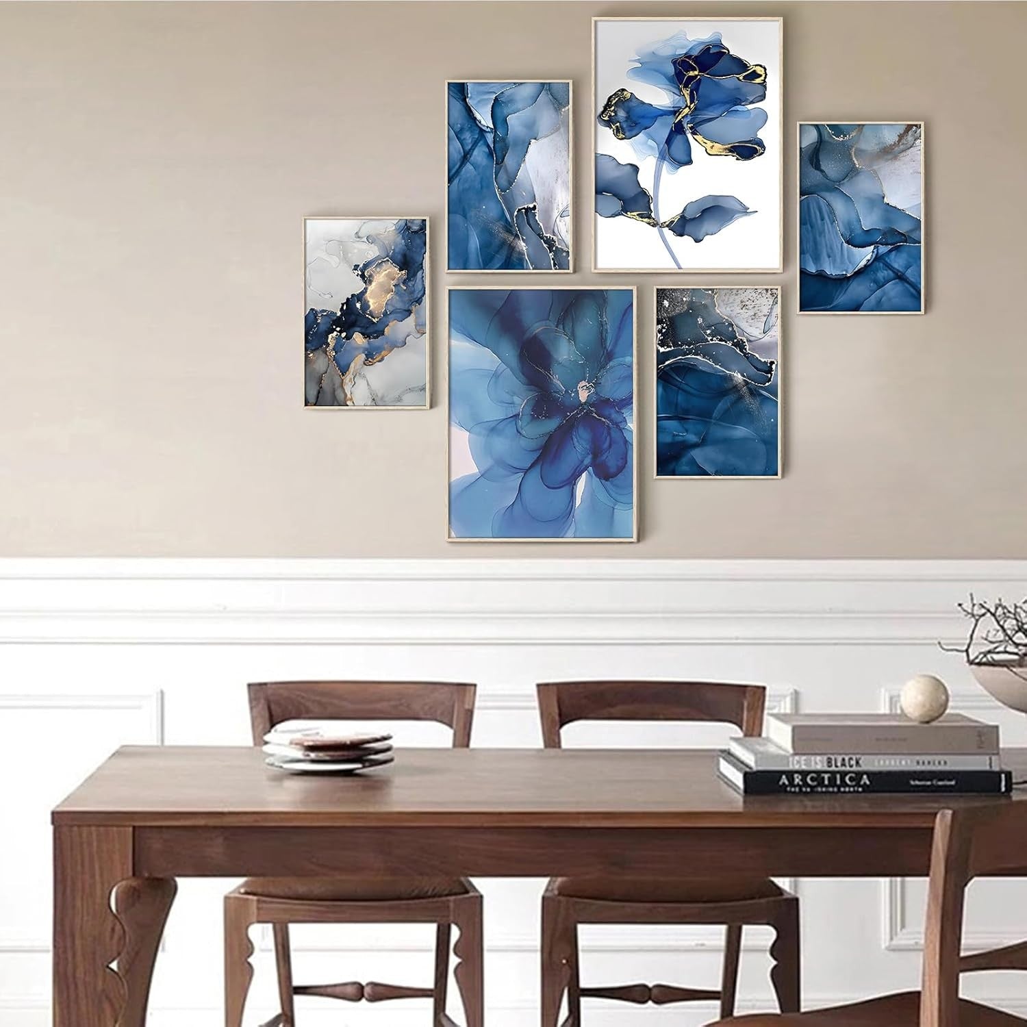 Blue Gold Floral Canvas Wall Art Set 6Pcs Framed 12x16in