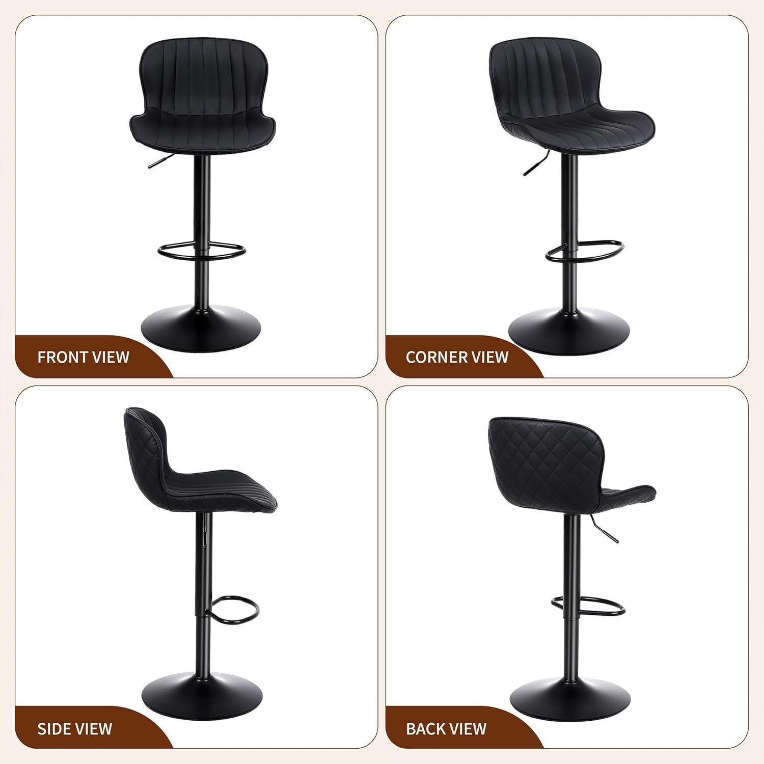 Black PU Leather Bar Stools Set of 2 Adjustable Kitchen Counter Chairs