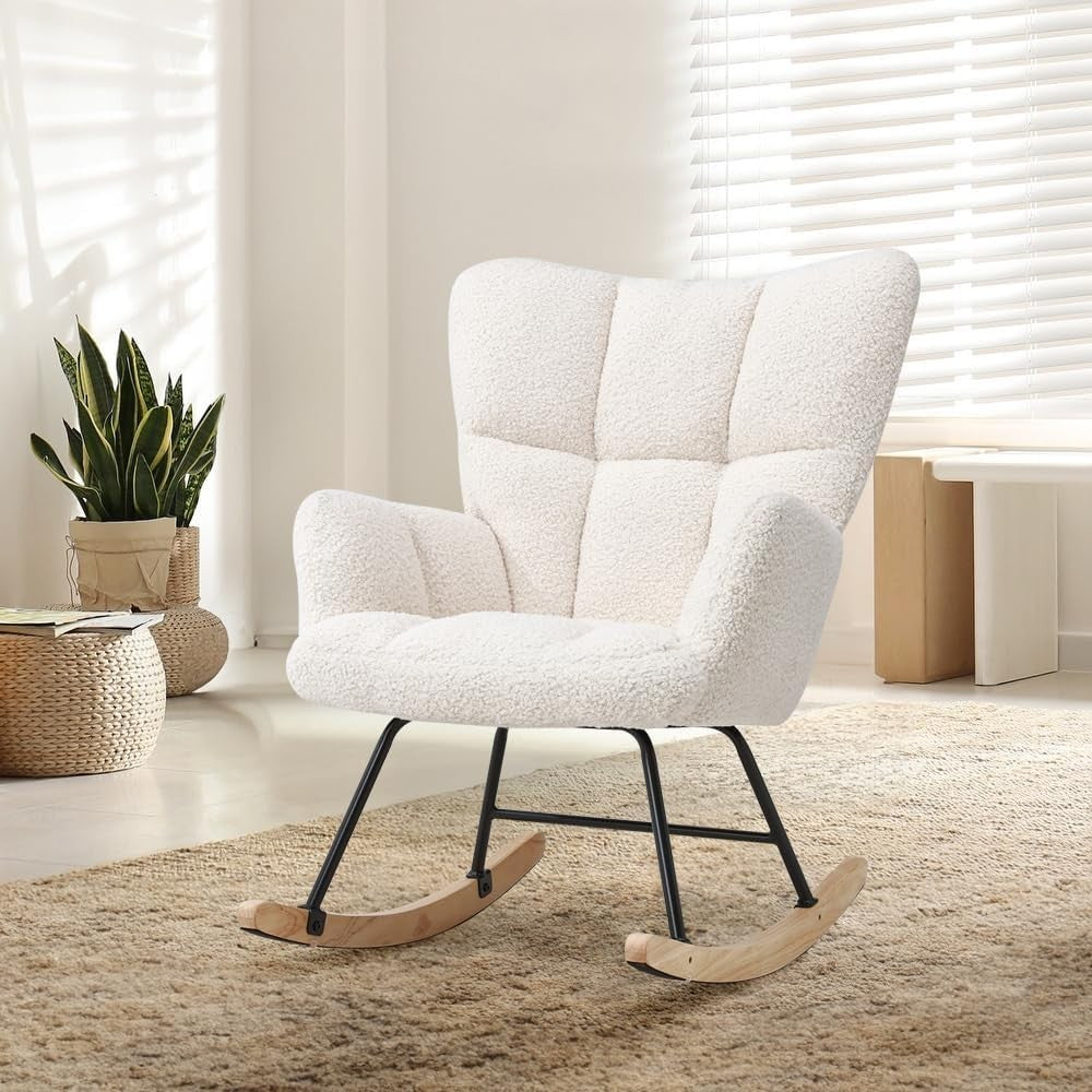 Ivory Rocking Chair Teddy Fabric Comfy Armchair for Nursery Lounge Relax