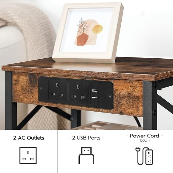 Rustic Charging Bedside Table with USB Ports, 2 Drawers, Small Space Nightstand
