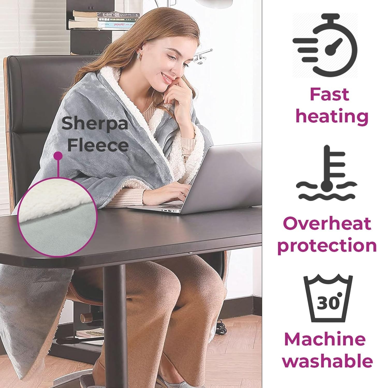 Electric Heated Throw Blanket Grey Reversible Sherpa 10 Heat Auto Off Washable