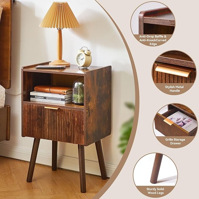 Rustic Brown Bedside Table with Drawer & Open Shelf – Modern 2-Tier Nightstand