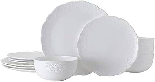12pc White Bone China Dinnerware Set Chip Resistant Plates Bowls for 4