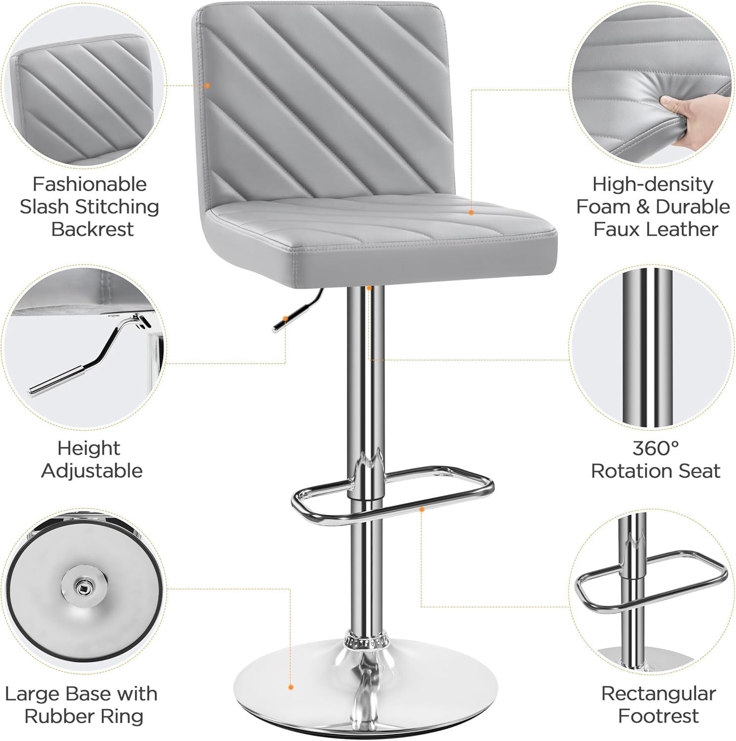 Light Grey Adjustable Swivel Bar Stools Set of 2 Faux Leather Chairs