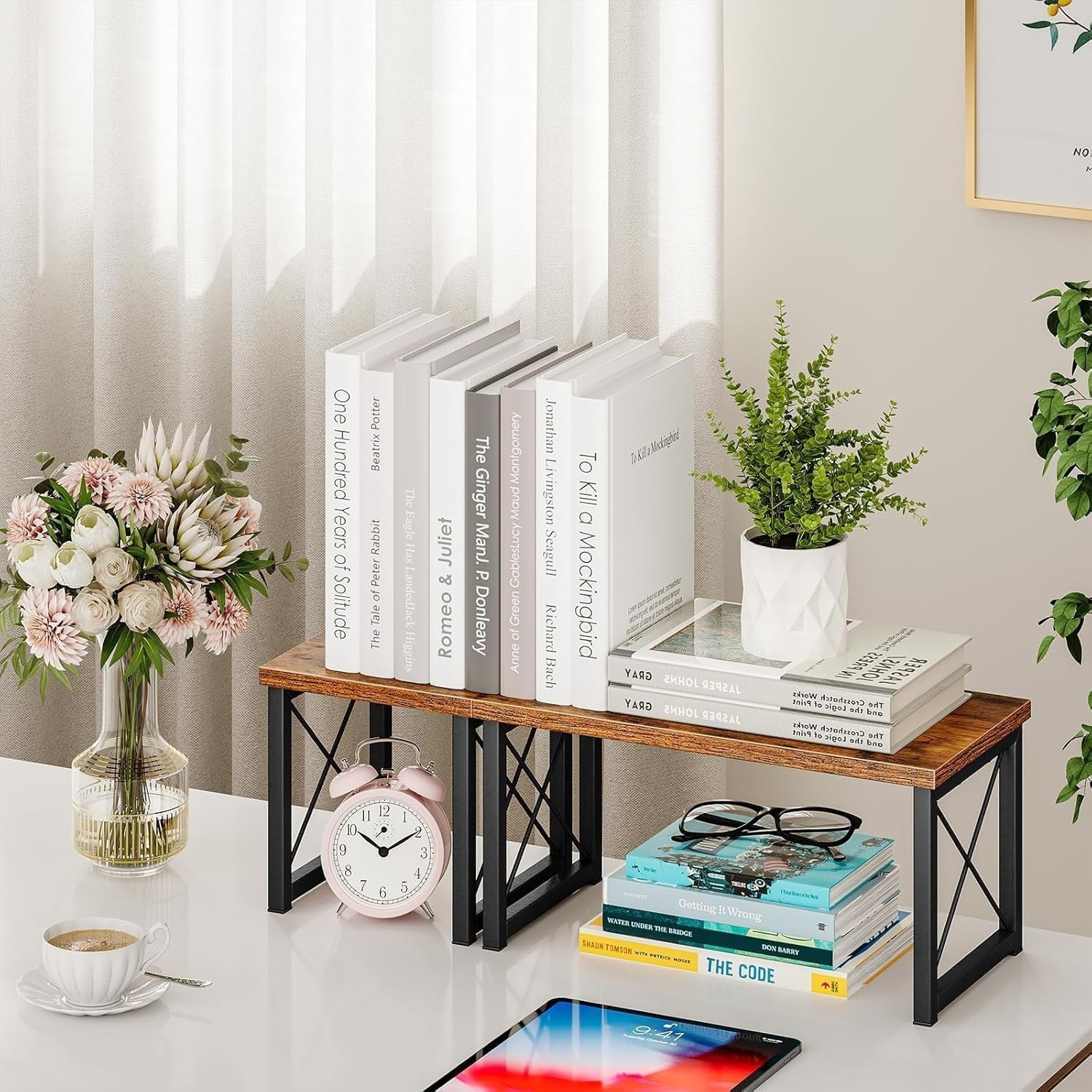2-Tier Freestanding Desktop Bookshelf – Stackable Wood Desk Organizer Shelf