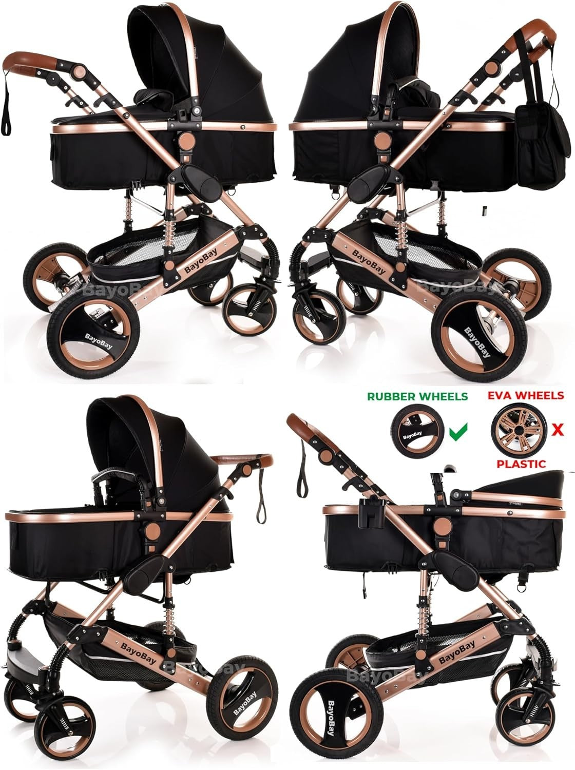 3-in-1 Baby Stroller Pram Travel System Car Seat Lightweight Foldable Black