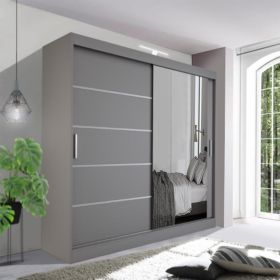 203cm Grey Sliding Wardrobe with LED & Mirror Modern Bedroom Storage