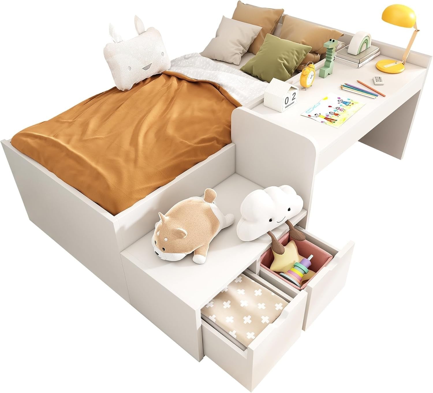3FT Kids Bed with Desk & Storage Drawers, Wooden Frame Single Bed 90x190cm
