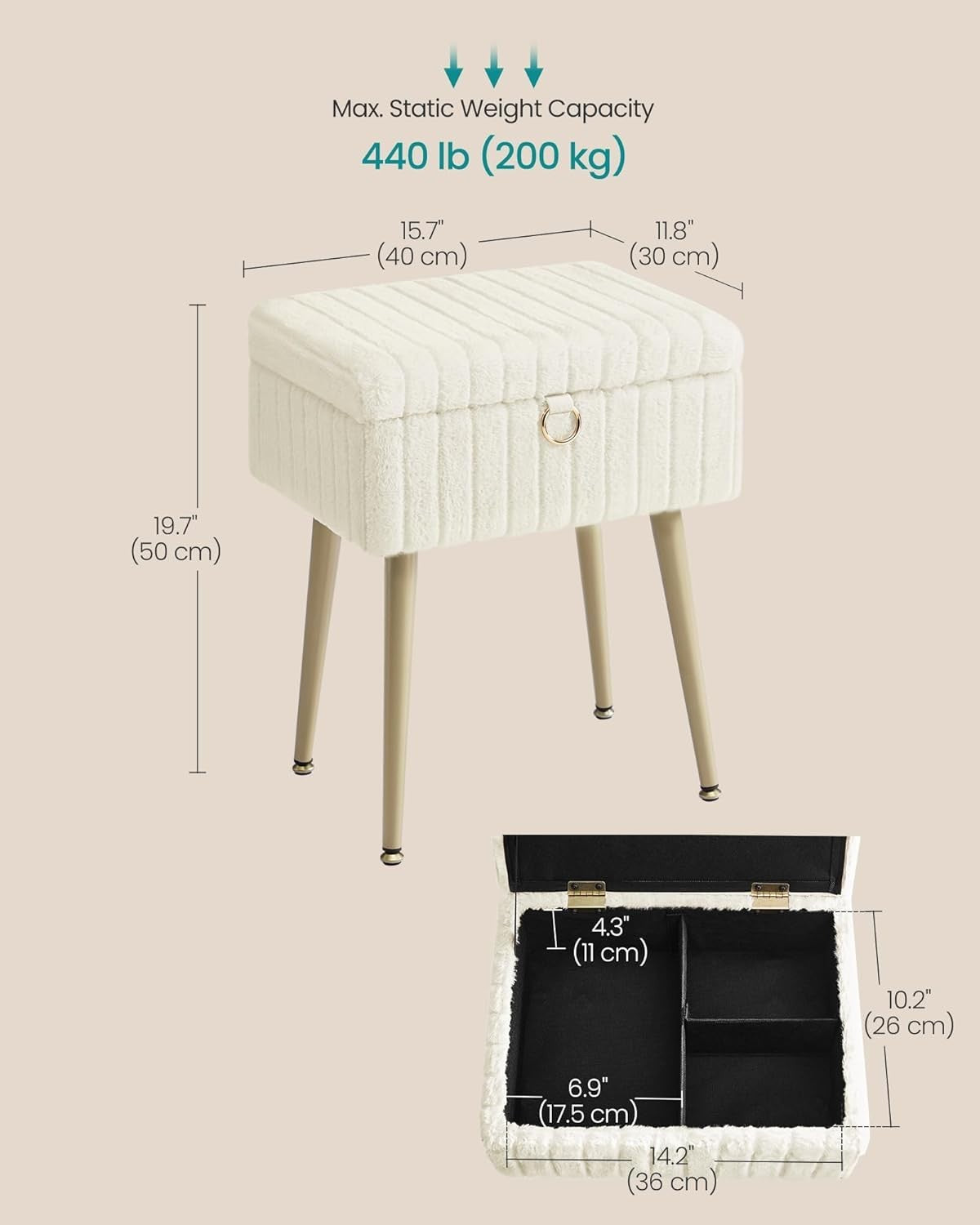 Cream White Vanity Stool with Storage Plush Seat Ottoman Rectangular Chair