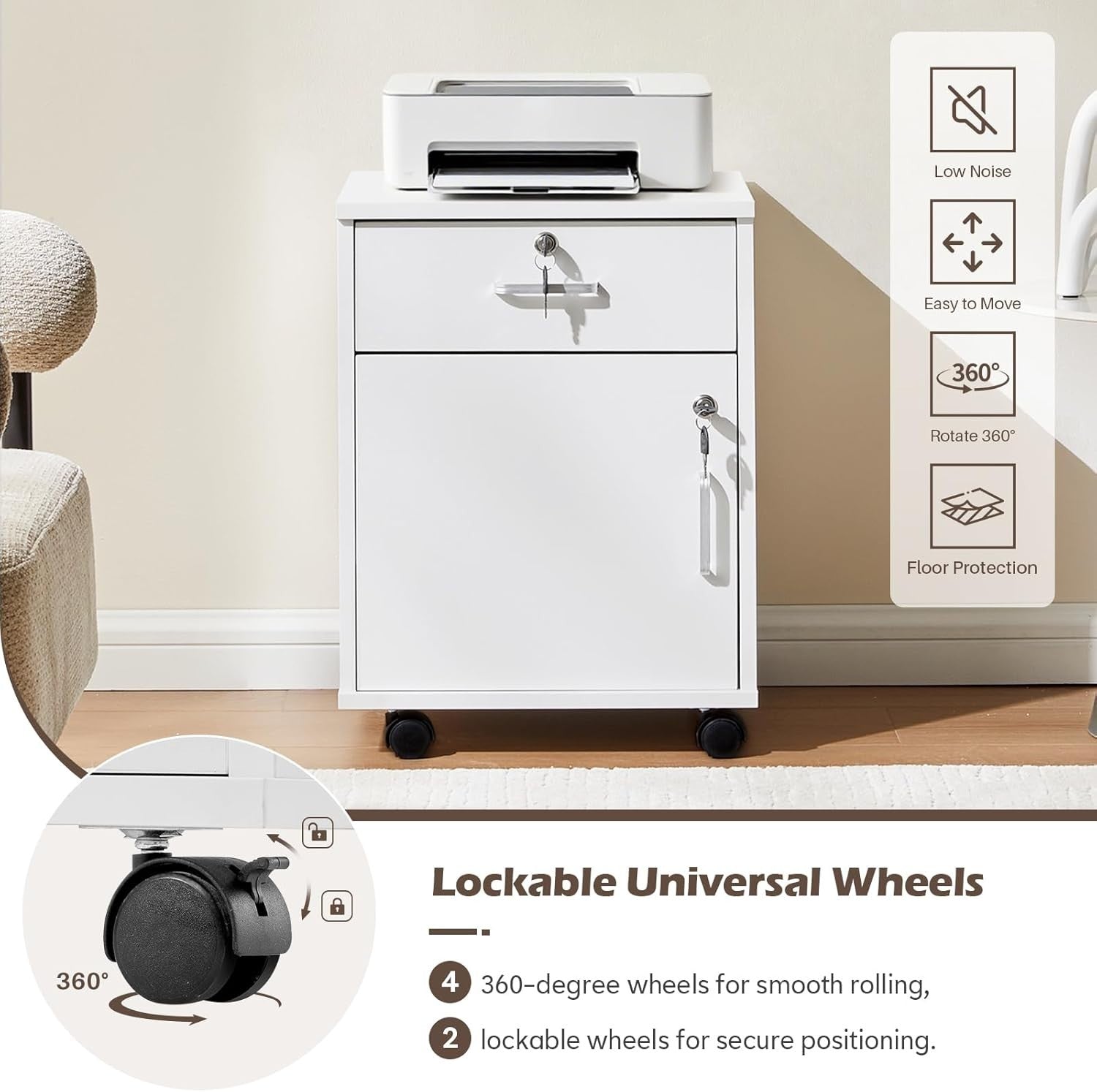 White Mobile File Cabinet 40cm Lockable Under Desk Office Storage