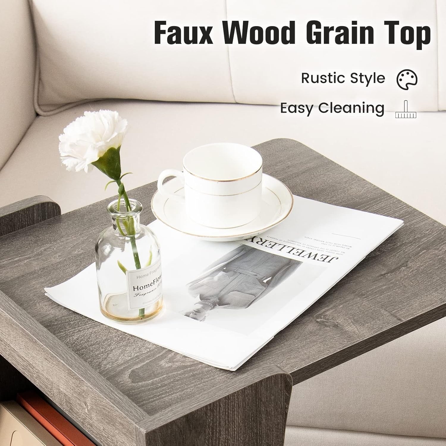 Modern C-Shaped Mobile Side Table with Wheels, Storage Shelves & Compact Design