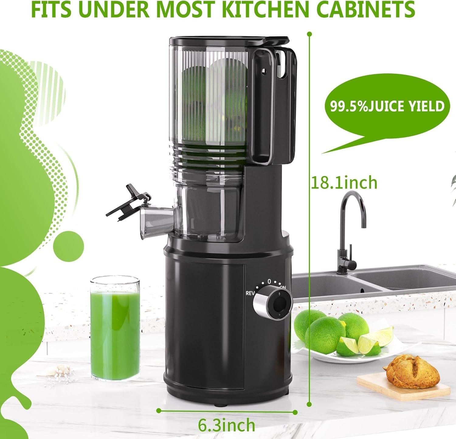 Cold Press Juicer 6.5in Feed Chute Whole Fruit Hands Free Easy Clean