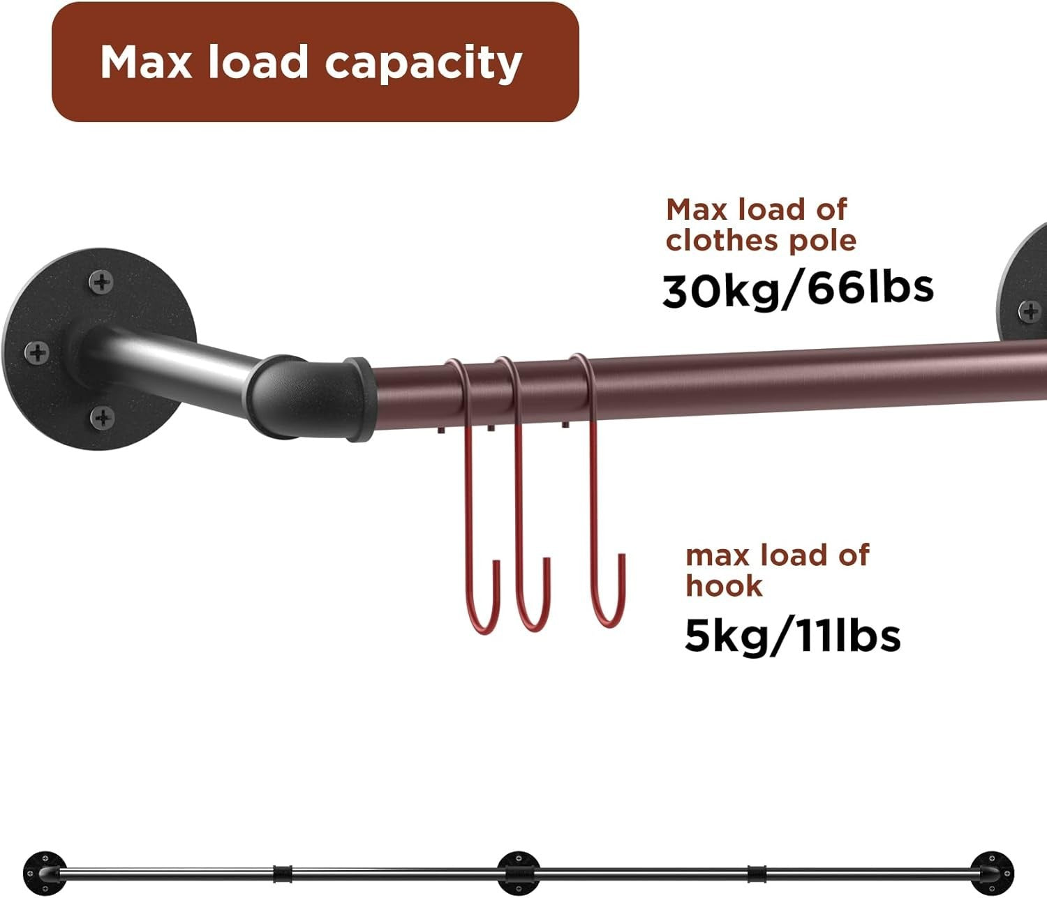 Wall Mounted Industrial Pipe Clothes Rail Heavy Duty Black 180cm