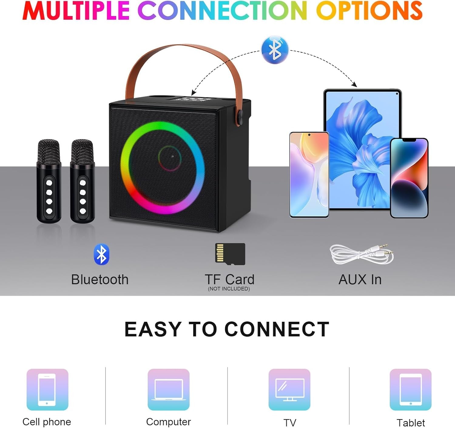 Mini Bluetooth Karaoke Machine 2 Wireless Mics LED Speaker