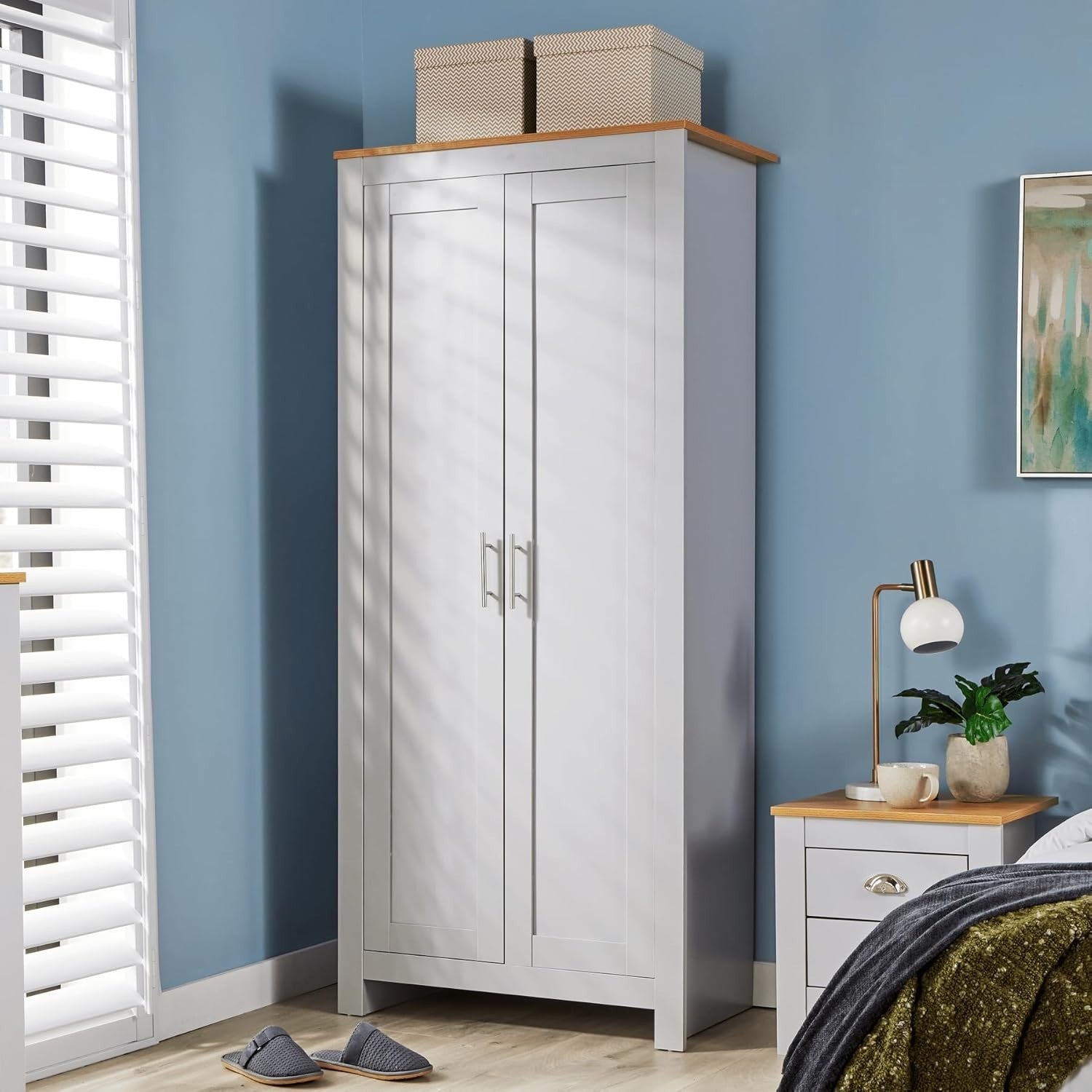 Slim 2 Door Grey Wardrobe with Hanging Rail & Oak Top Storage Shelf
