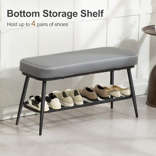 Grey PU Leather Shoe Storage Bench with Cushion Seat & Metal Frame Entryway