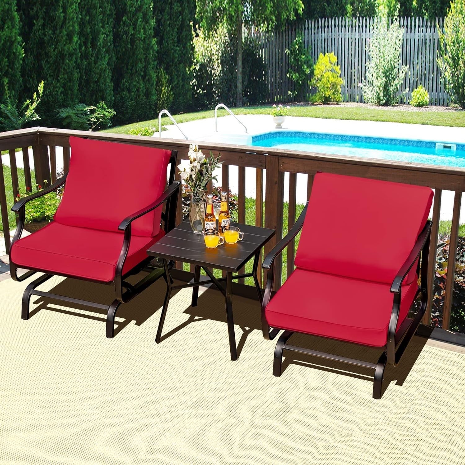 Outdoor Glider Rocking Chair Set w/Cushions & Table Patio Garden