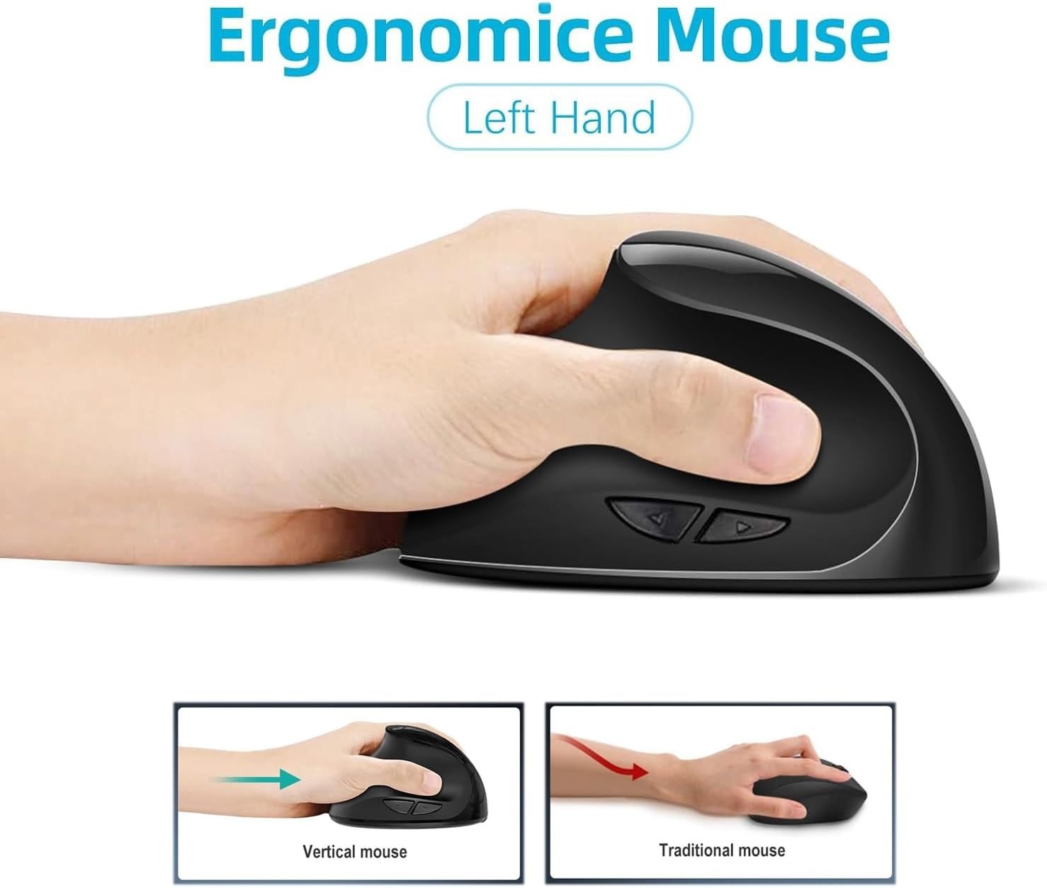 Left Handed Vertical Ergonomic Mouse Wireless 1600 DPI Rechargeable