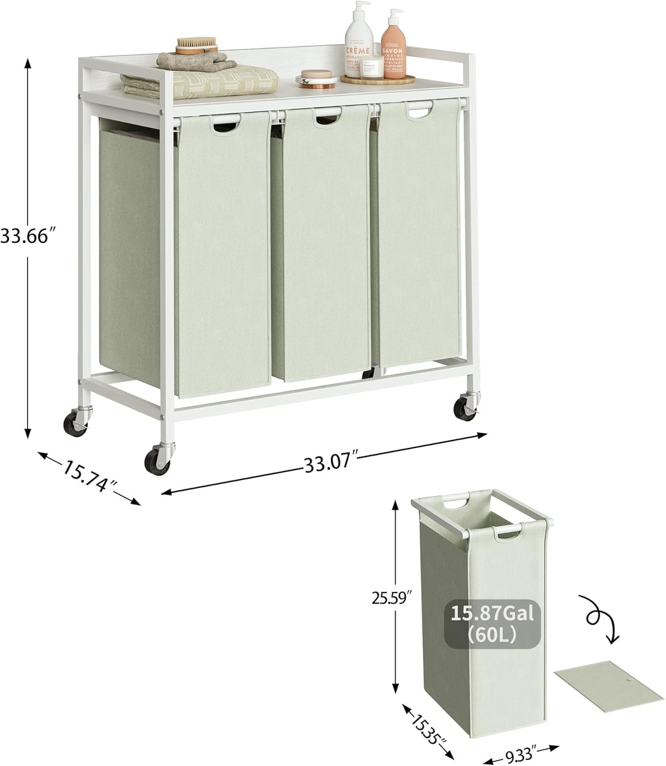 3 Section Laundry Basket with Shelf White Removable Bags Wheels 180L Modern