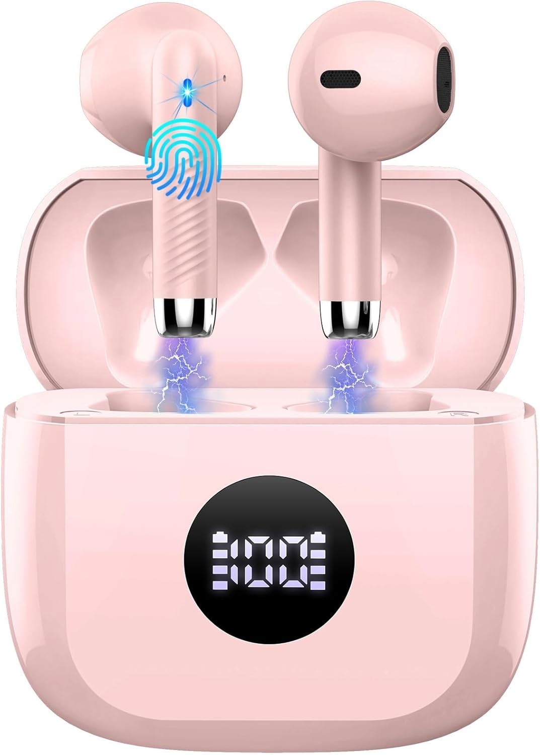 Bluetooth 5.4 Wireless Earbuds 4-Mic ENC Deep Bass 40H LED Display Pink