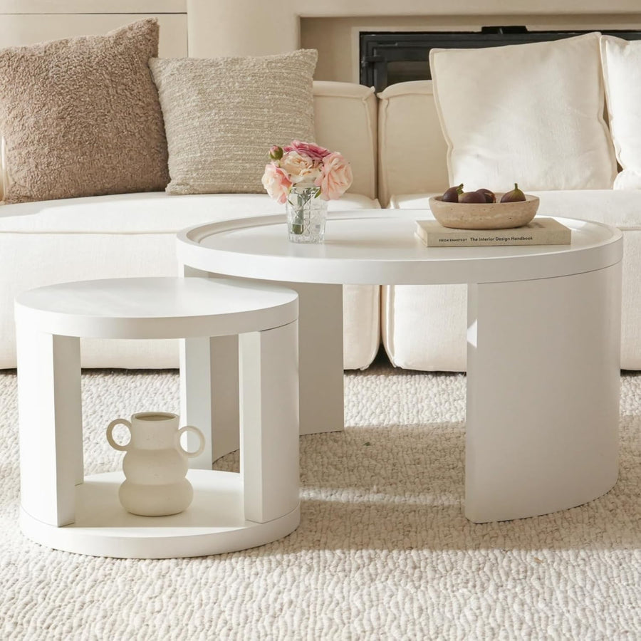 2X Nesting Coffee Table Set Pine Wood White Round Side End Tables Living Room