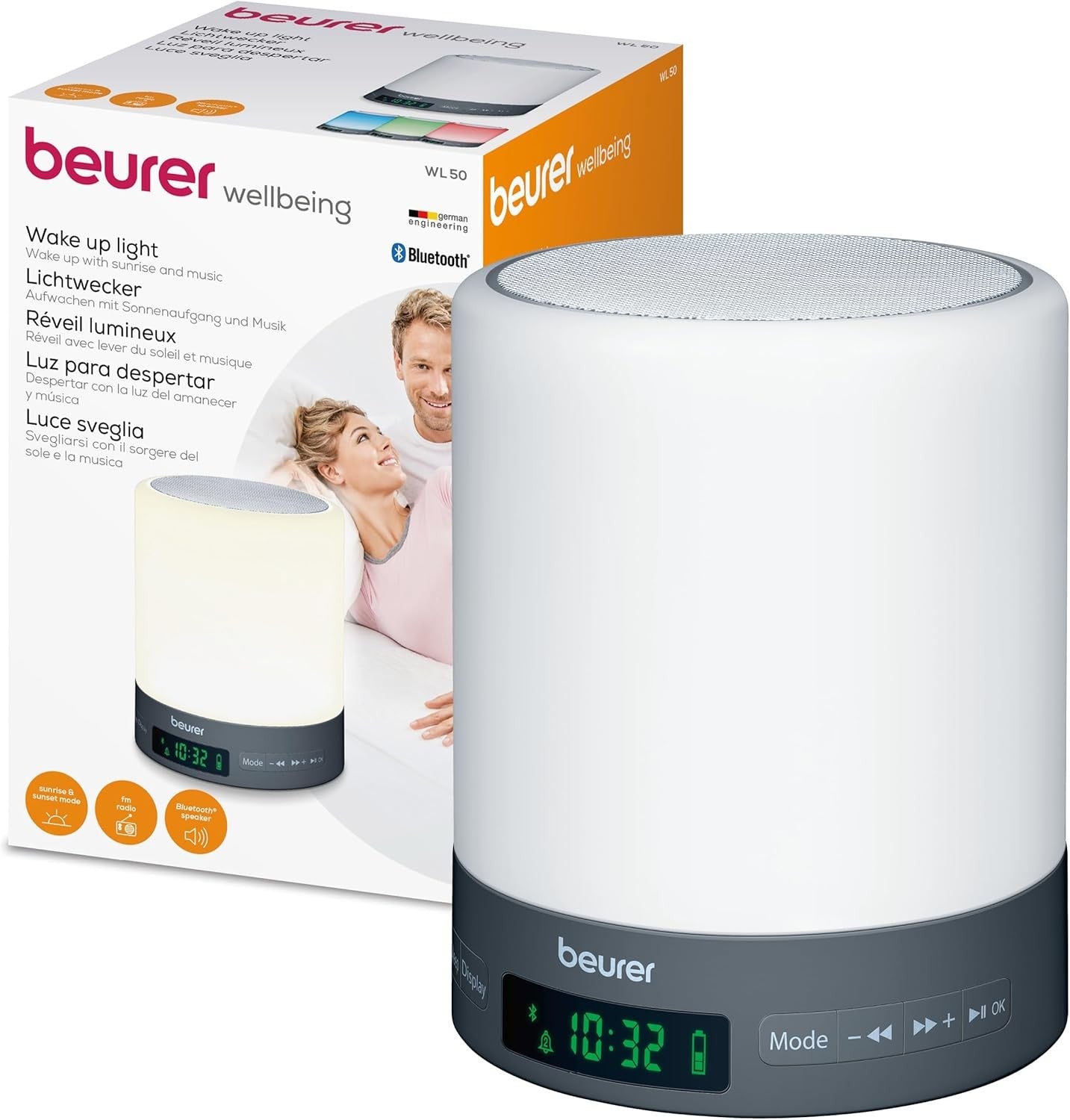 White Wake Up Light Alarm Clock Daylight Lamp FM Radio Bluetooth LED
