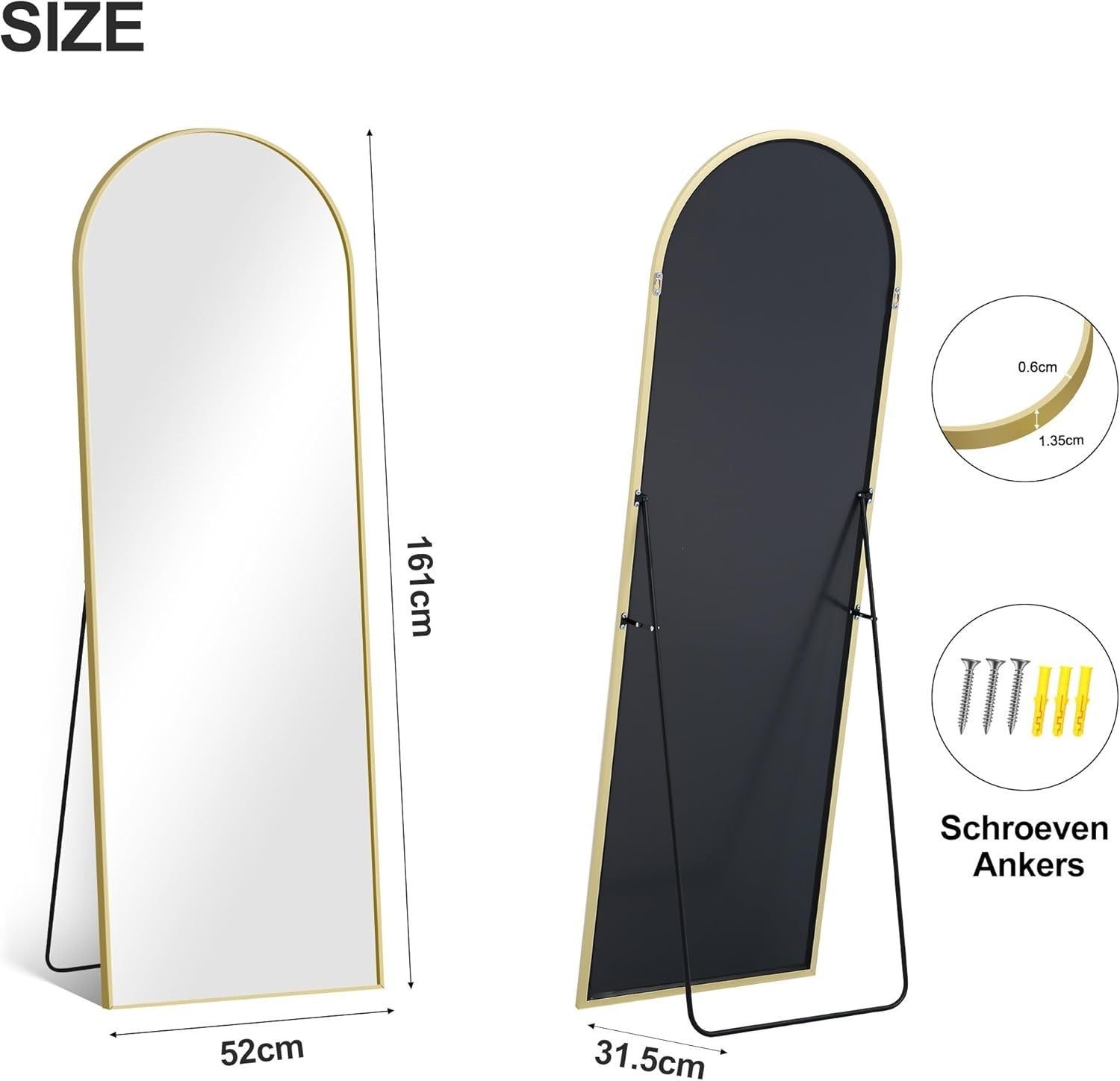 Full Length Arch Mirror 161x52cm Gold Frame, Standing & Wall Mount