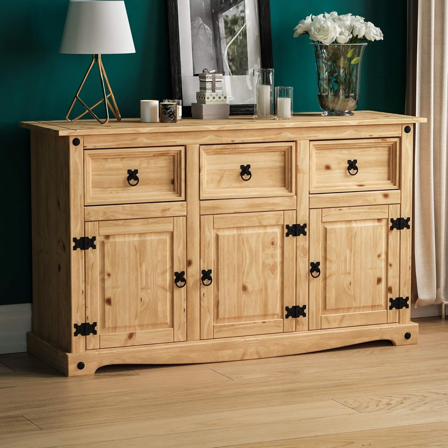 Large Rustic Solid Pine Sideboard 3 Door 3 Drawer Storage Cabinet 125cm
