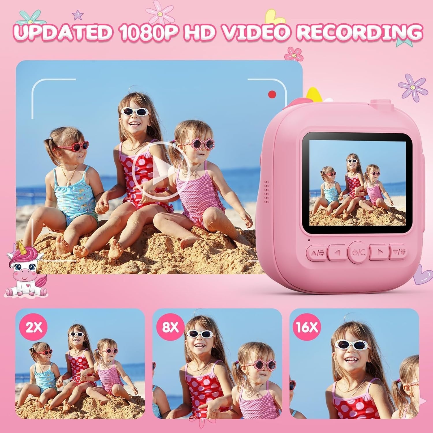 Kids Instant Print Camera 12MP 1080P HD 32GB Card Photo Paper Pink