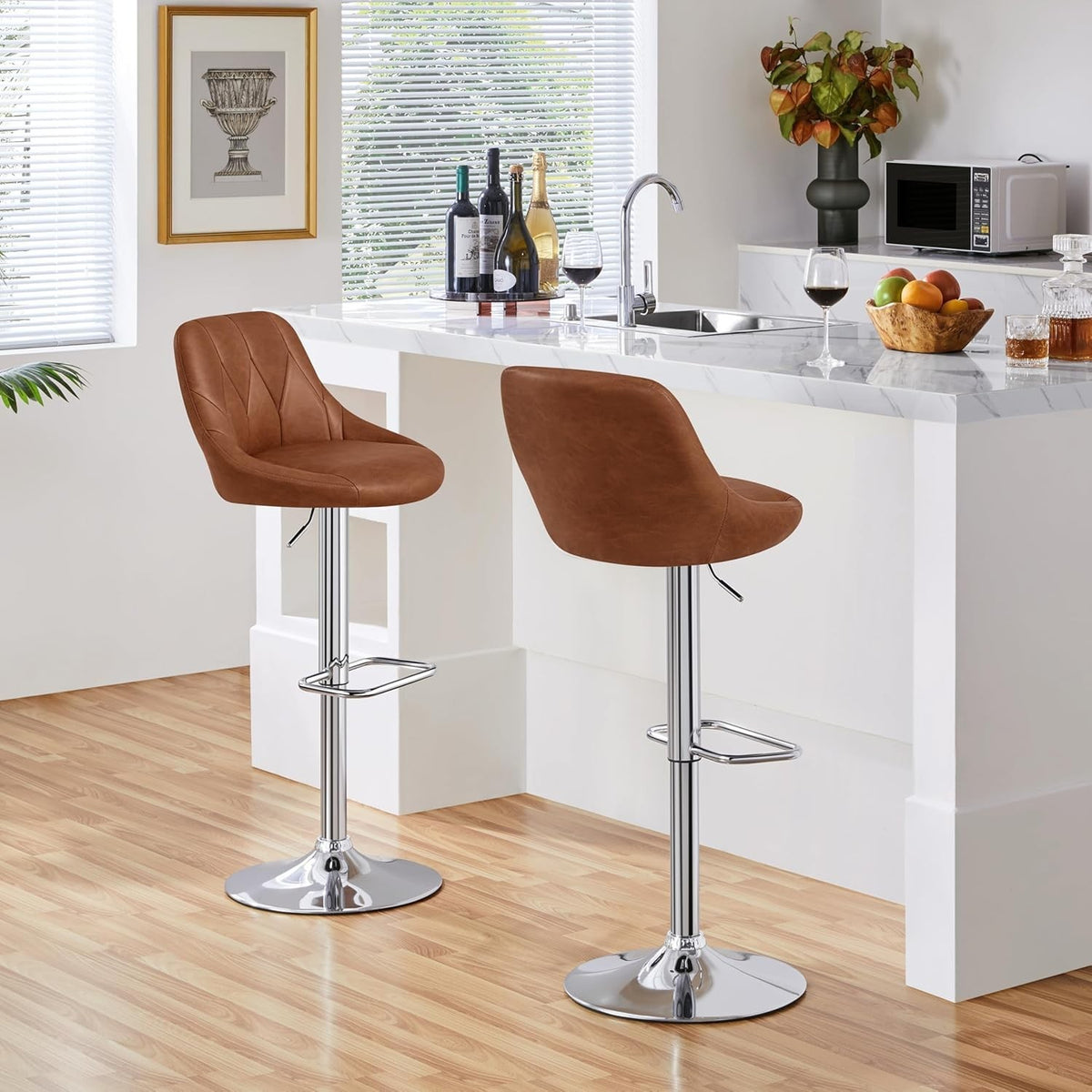 Set of 2 Adjustable Swivel Bar Stools – Retro Brown L-Shape