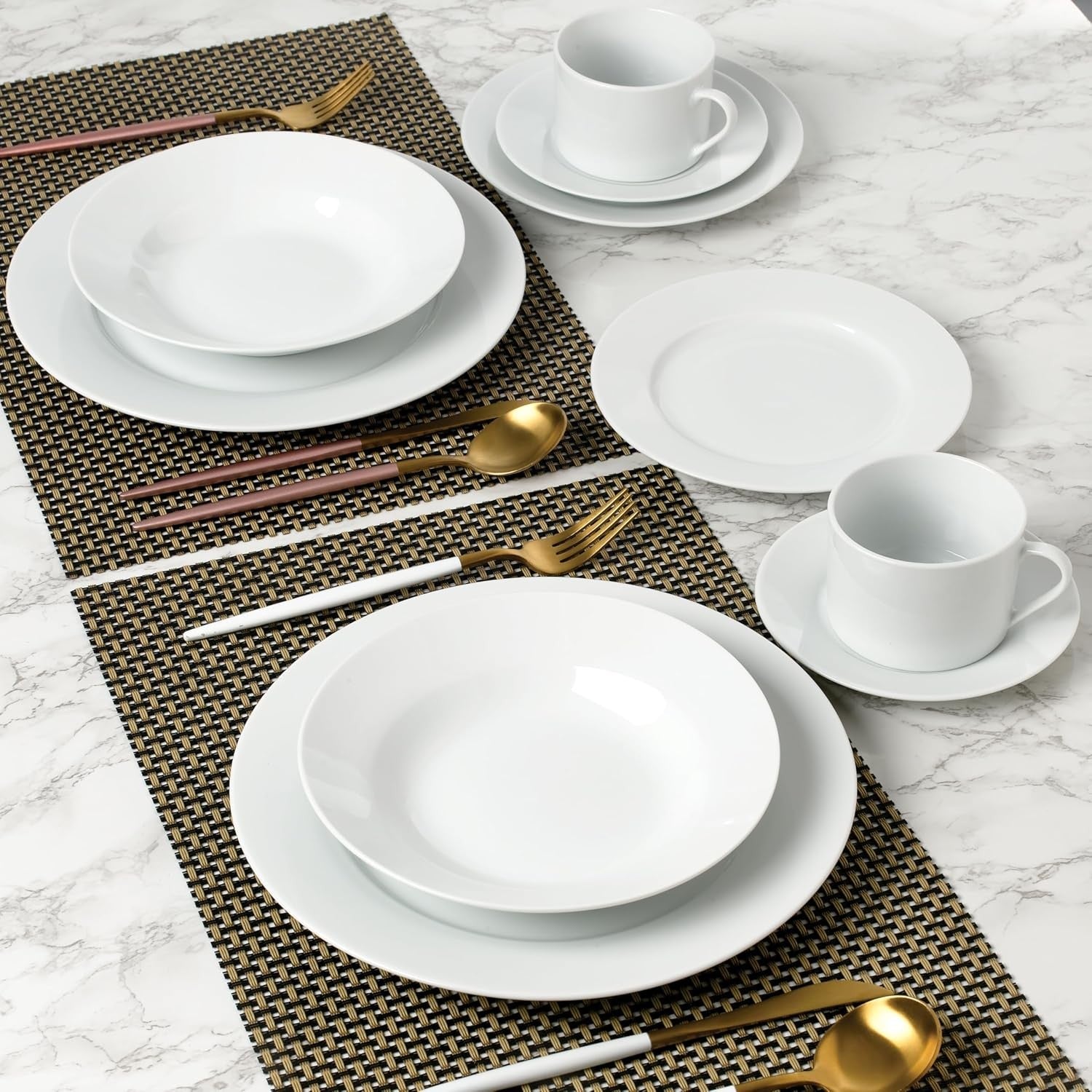 20 Piece White Rimmed Porcelain Dinner Set Plates Bowls Cups Service for 4