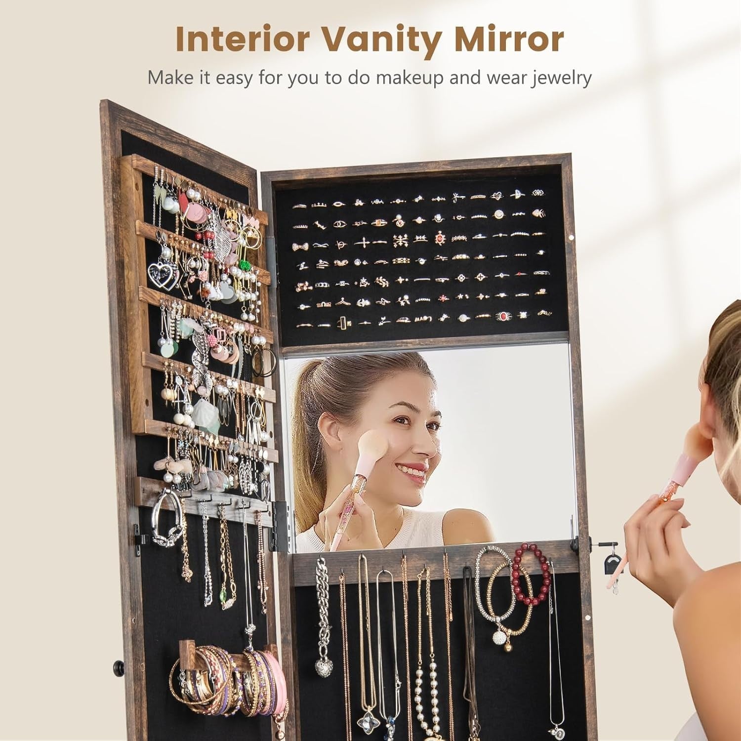 Rustic Brown Jewelry Cabinet Mirror Lockable 3-in-1 Freestanding Storage