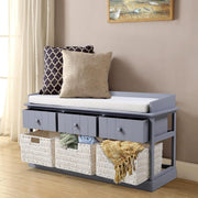 Blue-Grey Hallway Storage Bench with 3 Drawers & Wicker Baskets 100x30x50cm