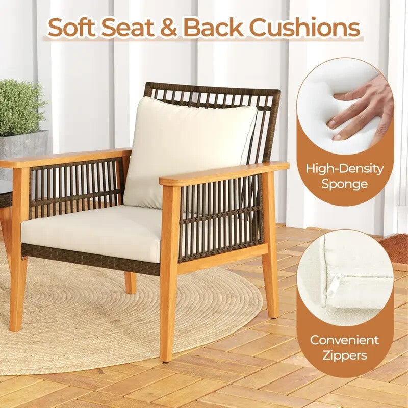 3pc Acacia Patio Chair Set with Cushions & Table – Outdoor Garden Rattan