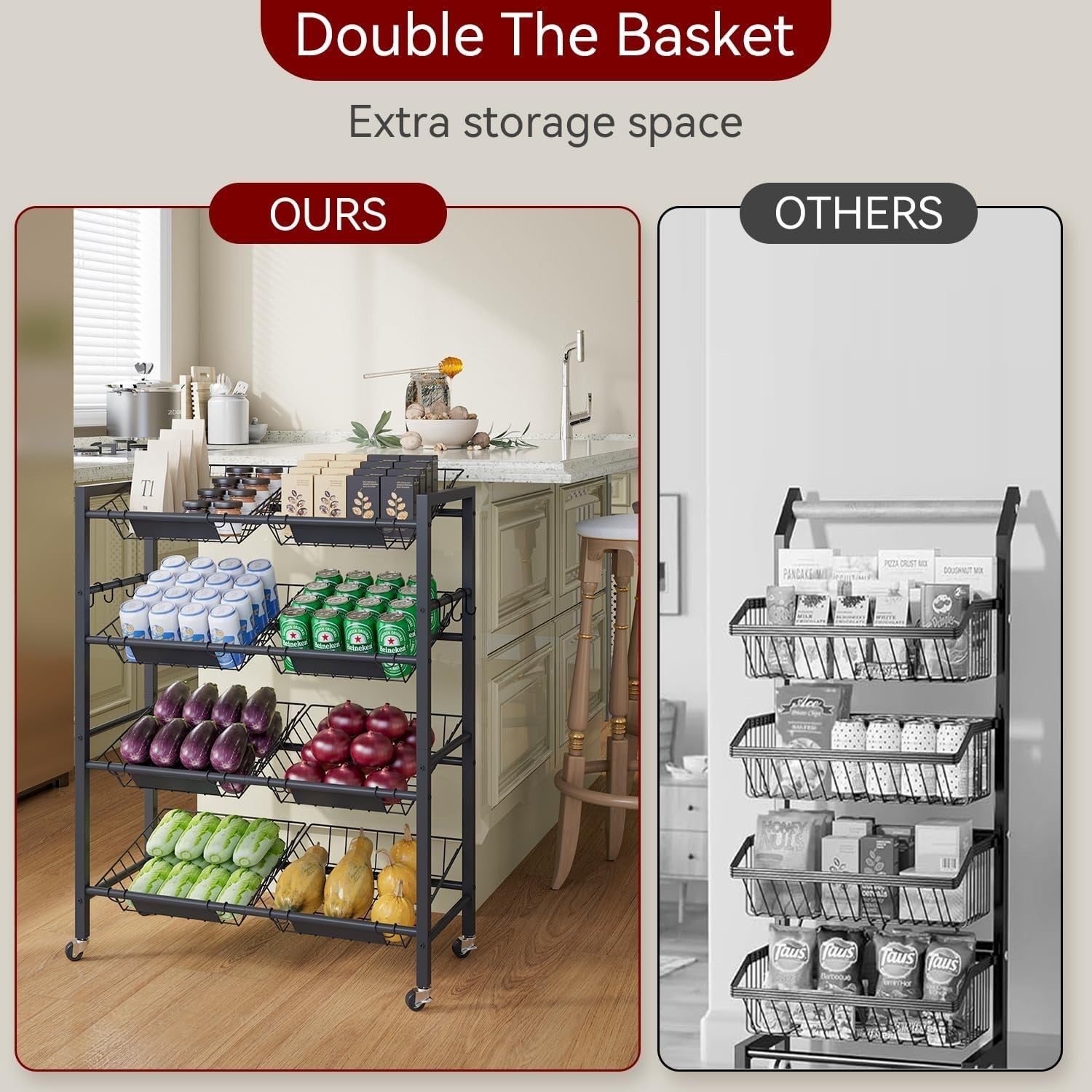 4 Tier Rolling Kitchen Storage Cart 8 Basket Fruit Vegetable Trolley
