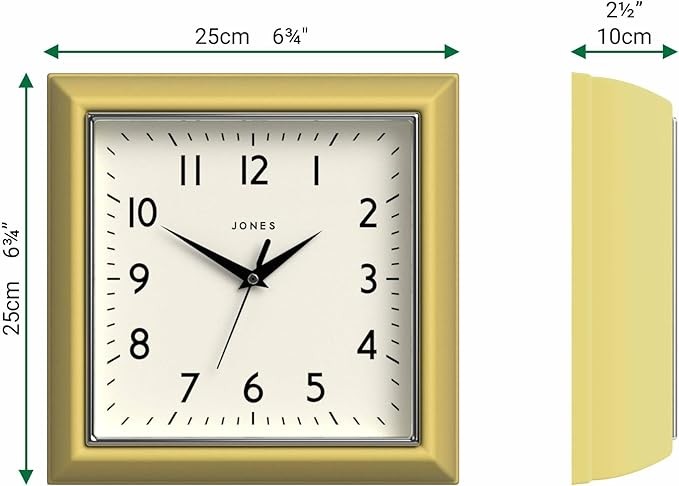 Mustard Yellow Retro Square Wall Clock 25cm Silent Quartz Easy Read Kitchen Offi